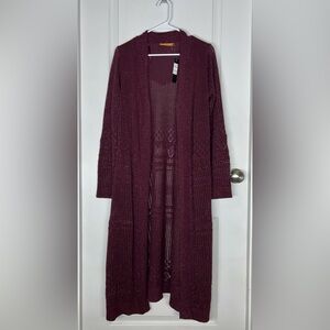 Belldini Pointelle NWT Stitch Duster Cardigan Sz L Sweater Black Cherry Sparkle